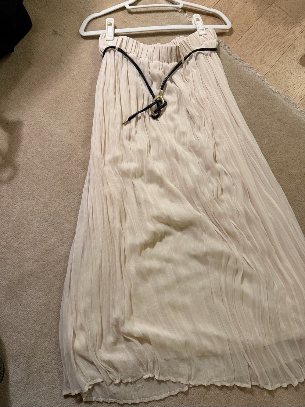 Zara Cream Pleated Maxi Dress with Black Tie Detail